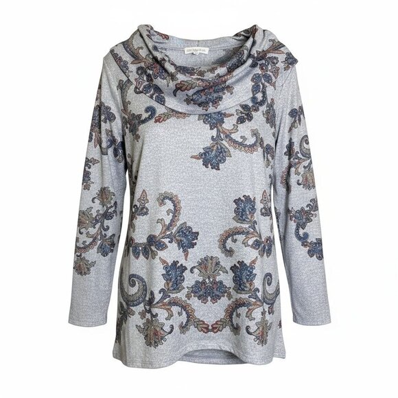 Cactus & Pear Floral Cowl Neck Long Sleeve Tunic Top with Beaded Embellishments - Picture 1 of 13